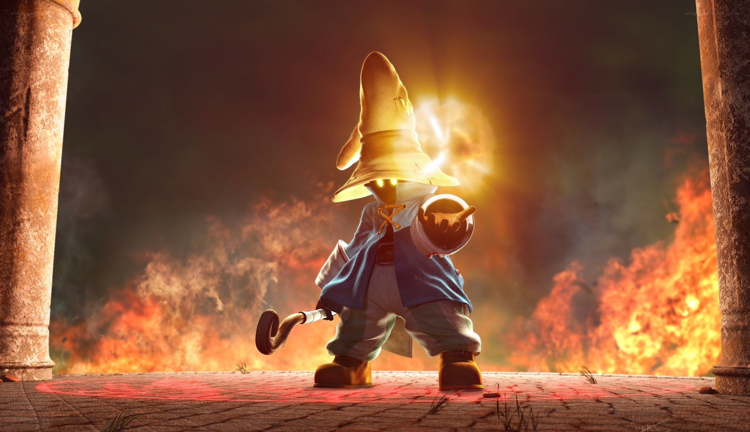 Wizard casting spell in fiery ruin