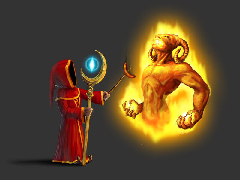 Wizard casting spell on demon