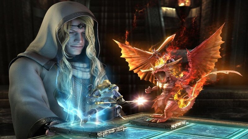 Wizard casting spell on dragon