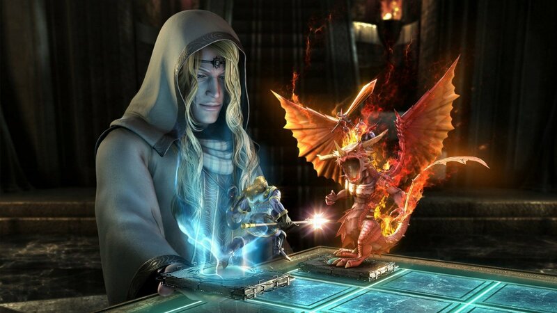 Wizard casting spell on dragon