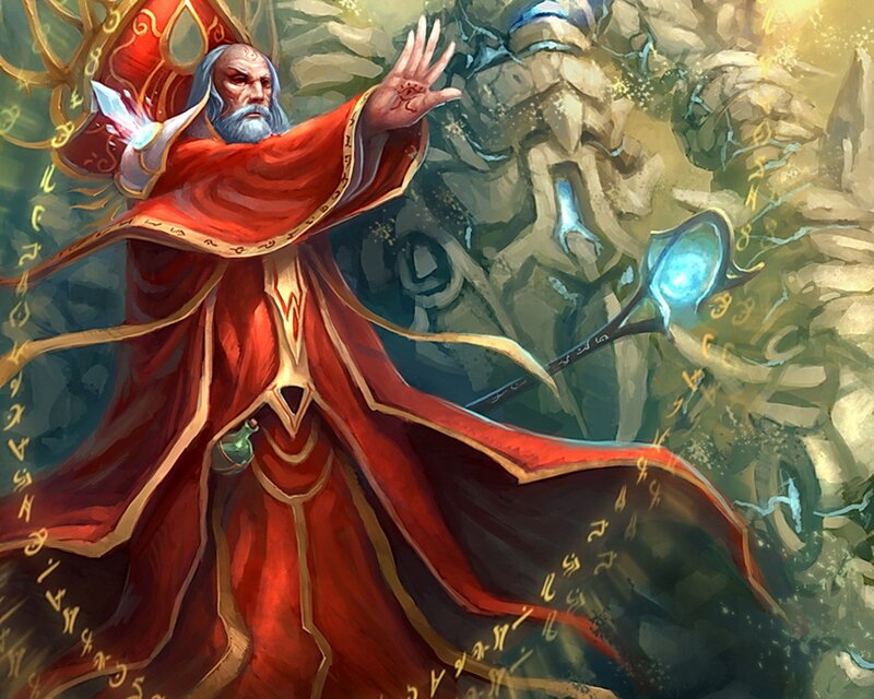 Wizard Casting Spell — Red, Dramatic, Digital Art, Staff