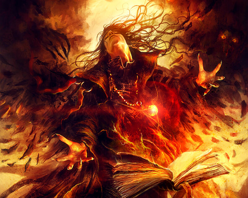 Wizard Casting Spell — Red, Dramatic, Digital Art