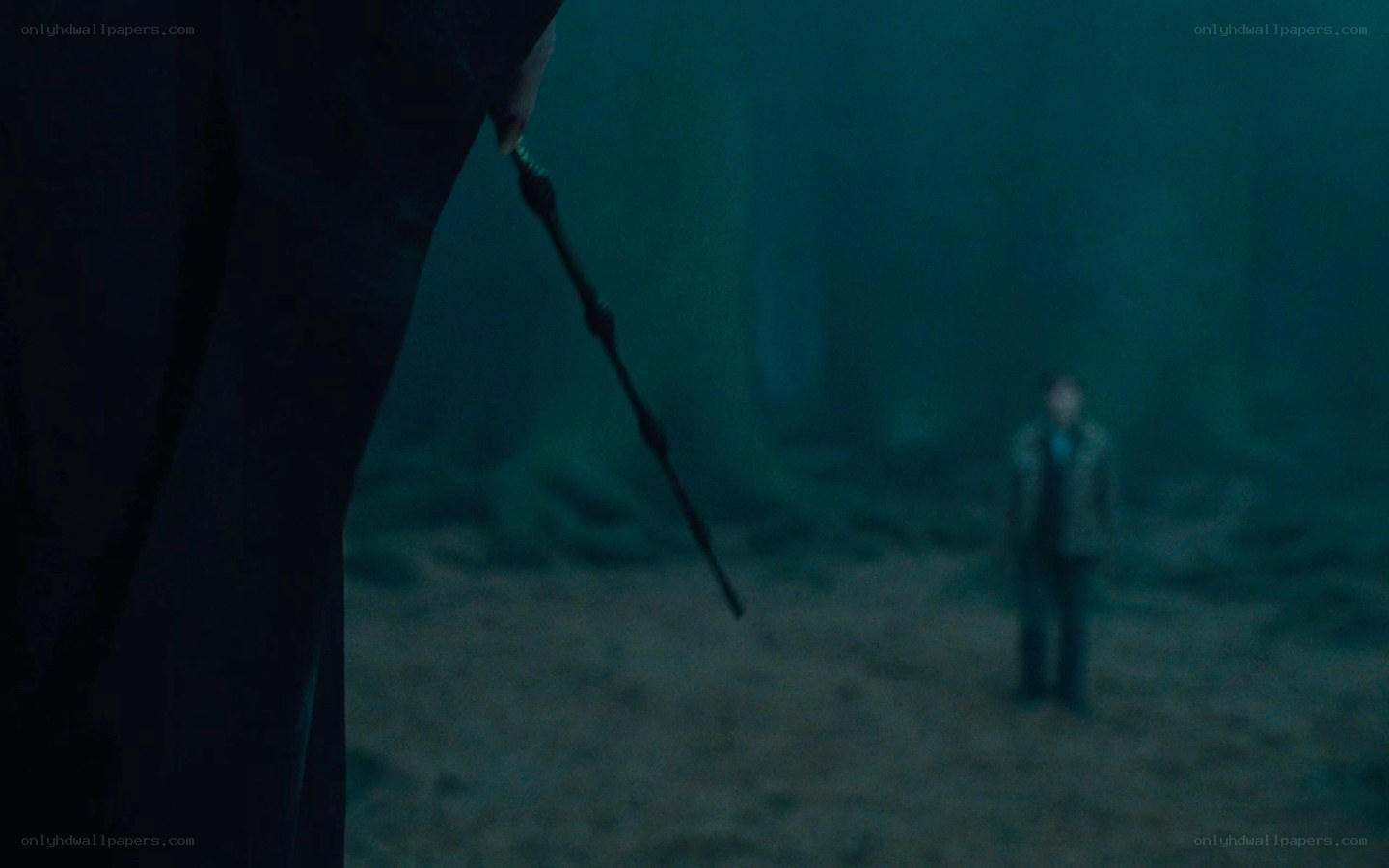 Wizard confrontation in a foggy forest