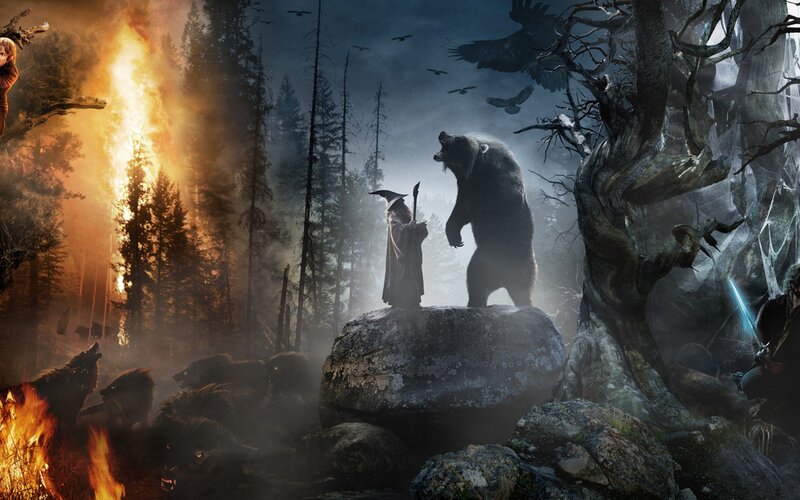 Wizard confronts bear in dark forest