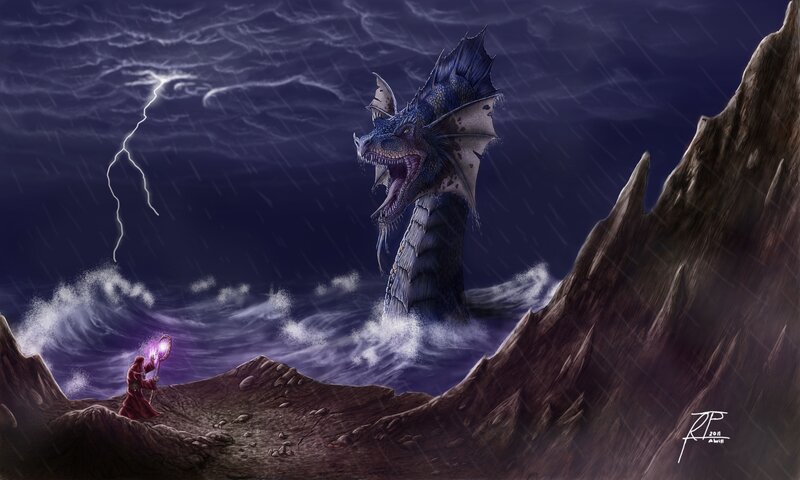 Wizard confronts sea dragon