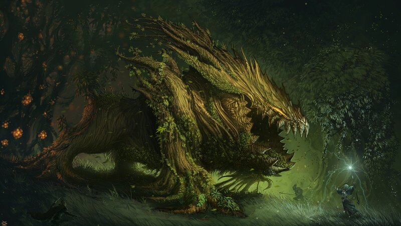 Wizard confronts tree dragon