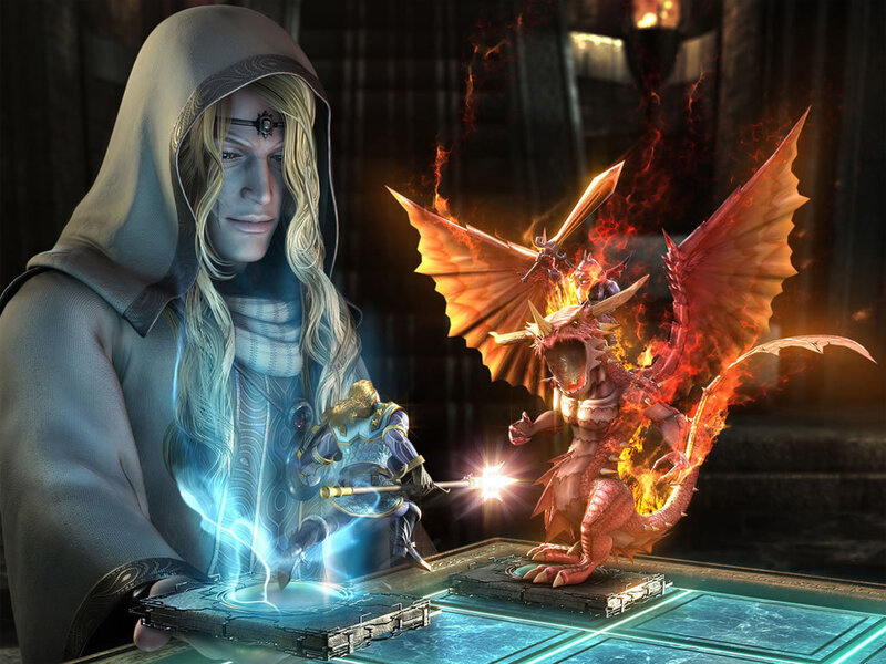 Wizard conjures a fiery dragon