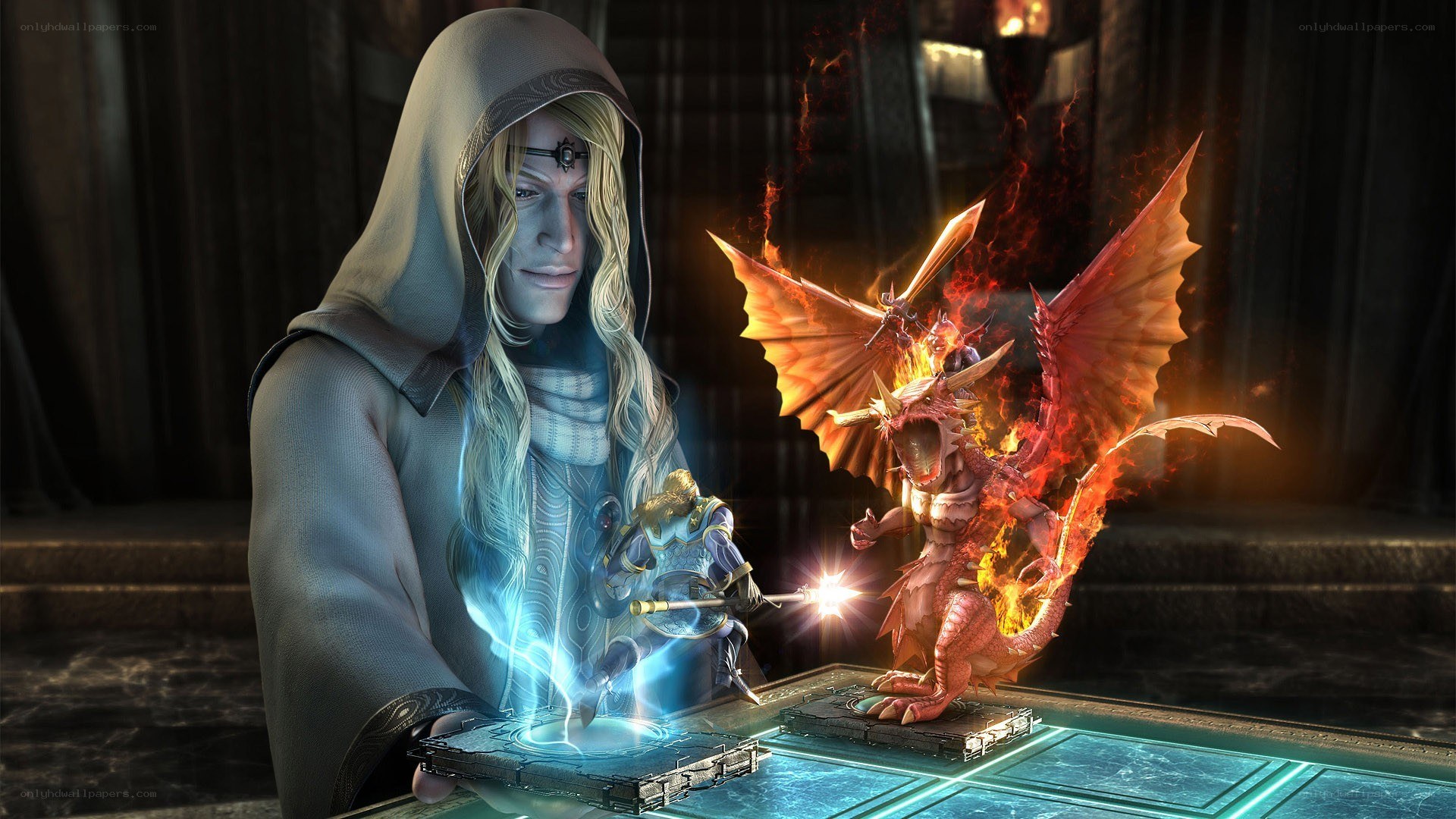 Wizard conjures a fiery dragon