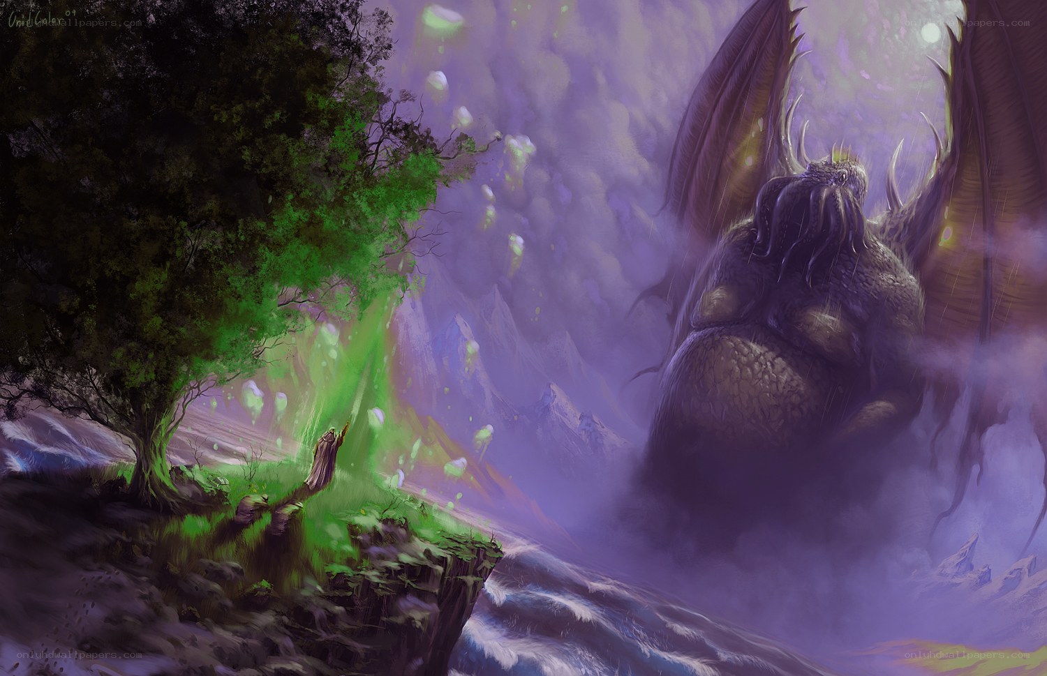 Wizard facing a dragon