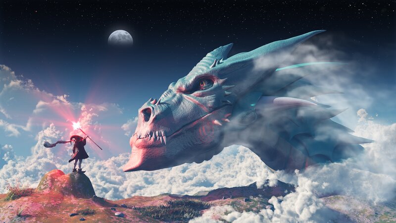 Wizard Facing Dragon — Blue