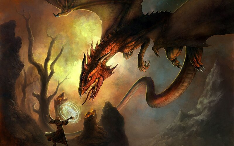 Wizard Facing Dragon — Brown, Dramatic
