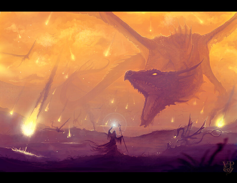 Wizard Facing Dragon — Orange, Dramatic, Sunset