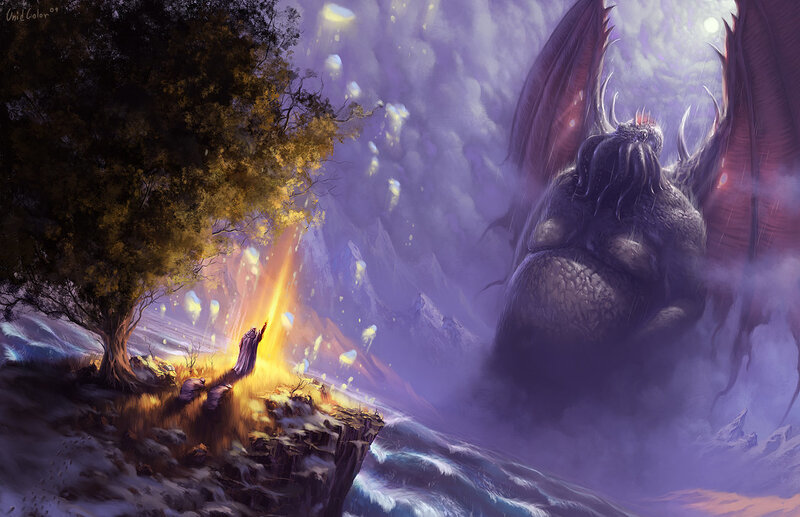 Wizard Facing Dragon — Purple, Dramatic