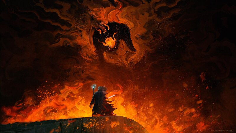 Wizard Facing Fire Demon — Orange, Dramatic