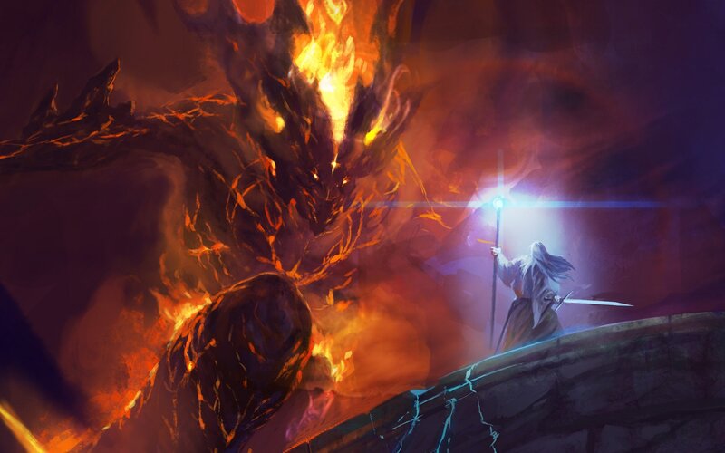 Wizard Facing Fire Dragon — Orange