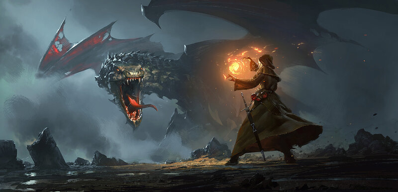 Wizard Fighting Dragon — Gray