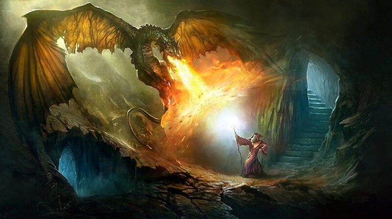 Wizard Fighting Dragon — Orange, Dramatic, Night, Digital Art