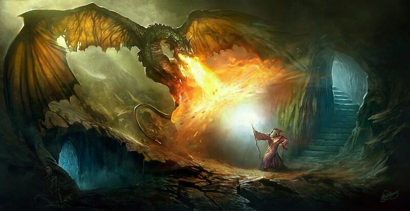 Wizard Fighting Dragon — Orange, Dramatic
