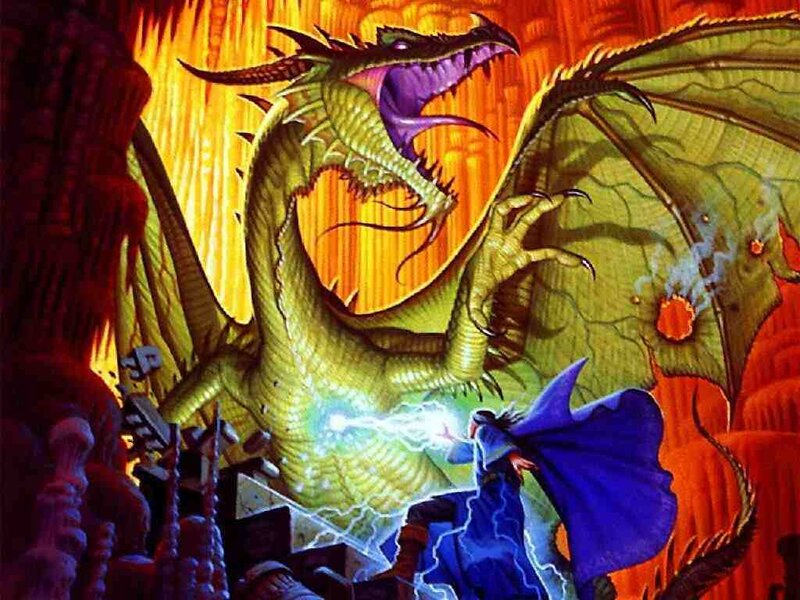 Wizard Fighting Dragon — Yellow, Dramatic