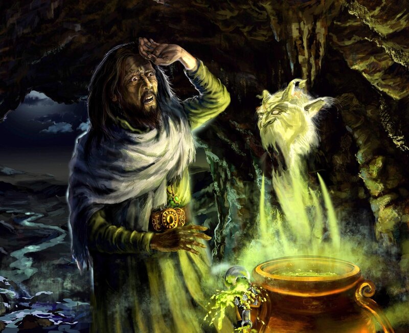 Wizard in a cave with a cauldron