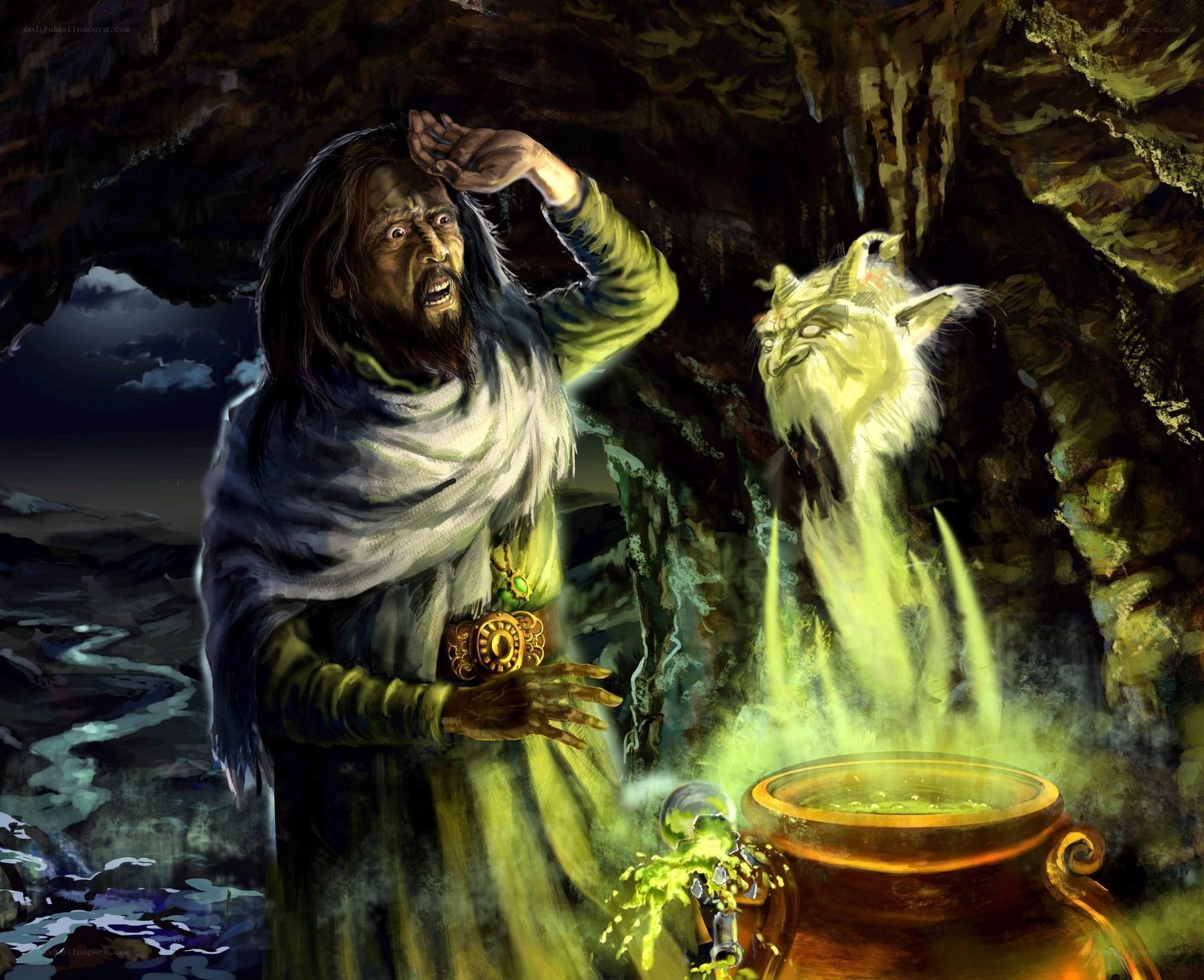 Wizard in a cave with a cauldron