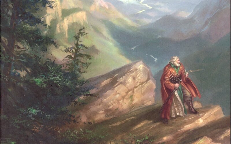 Wizard in a mountain landscape