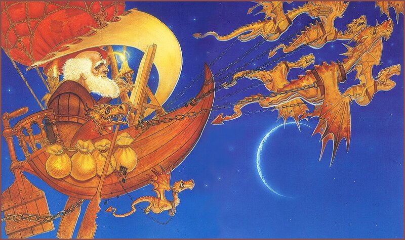 Wizard in airship with dragons