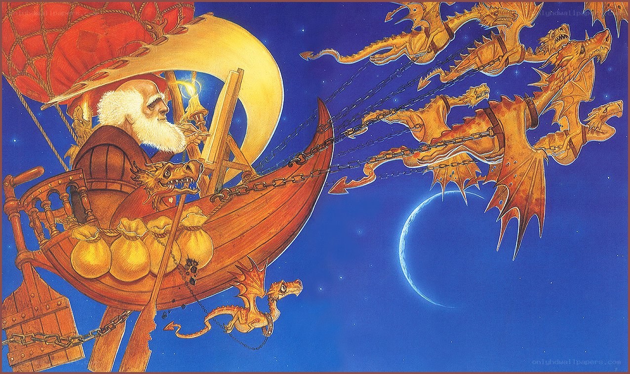 Wizard in airship with dragons