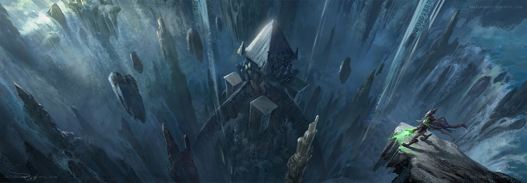 wizard on a cliff overlooking a castle