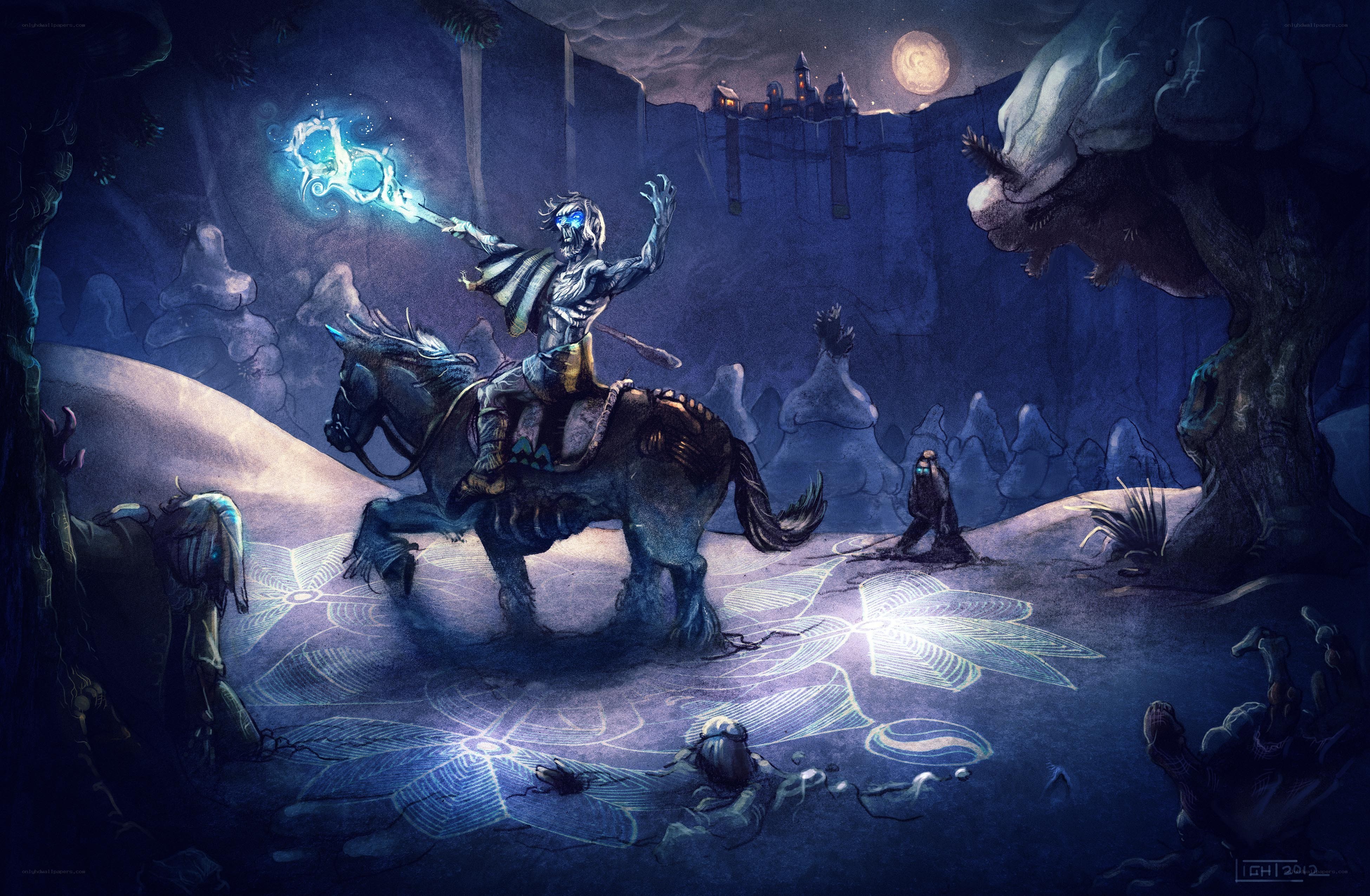 Wizard on a horse in a cave
