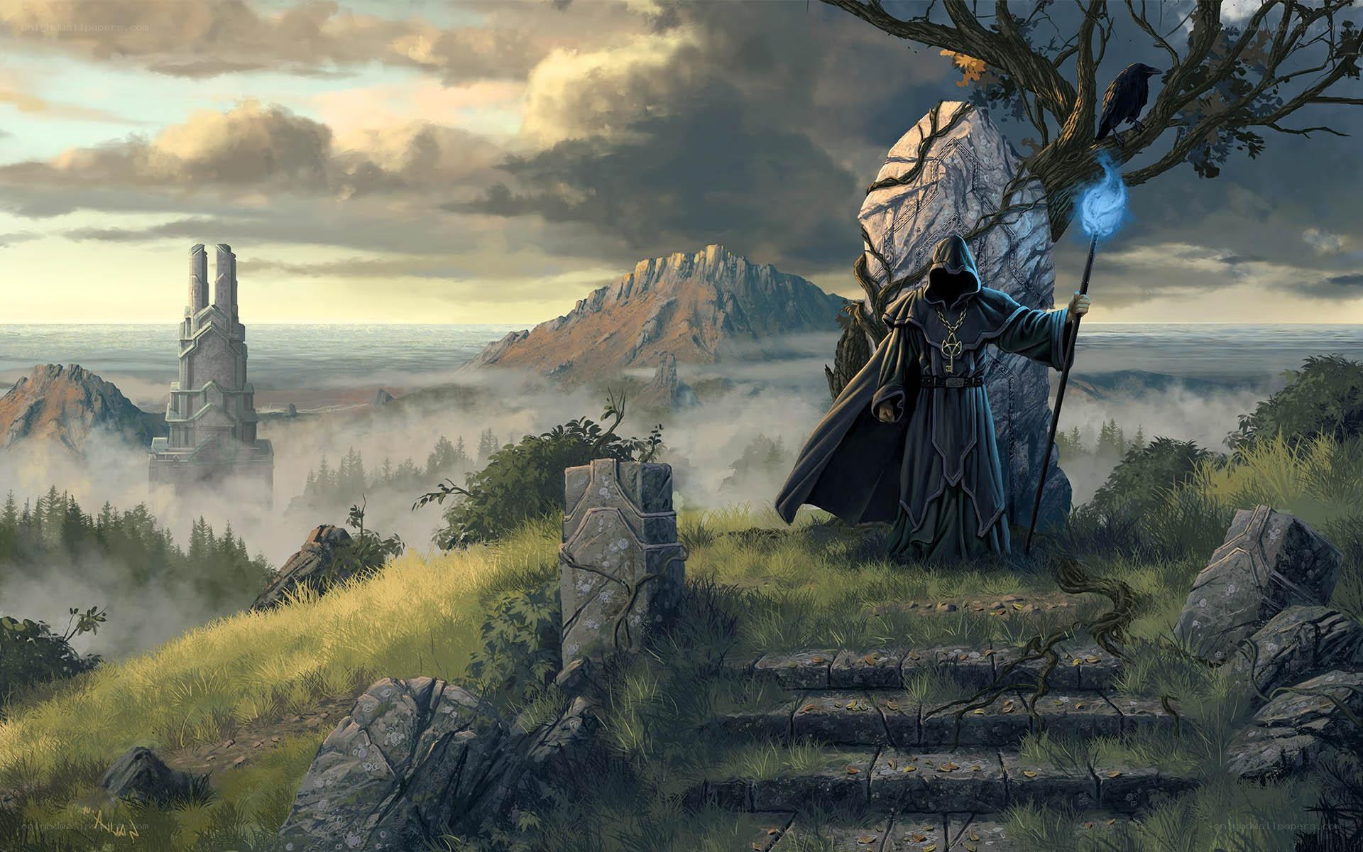 Wizard on a misty hill
