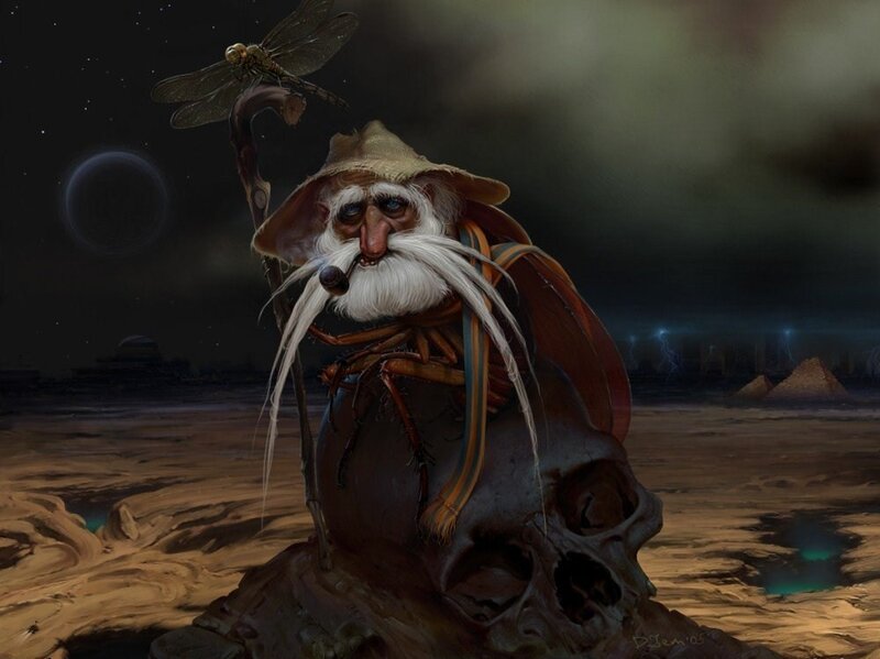 Wizard on a skull in desert