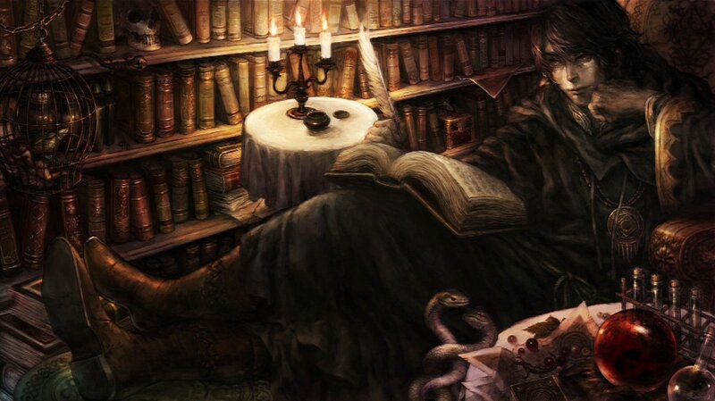 Wizard reading in a library