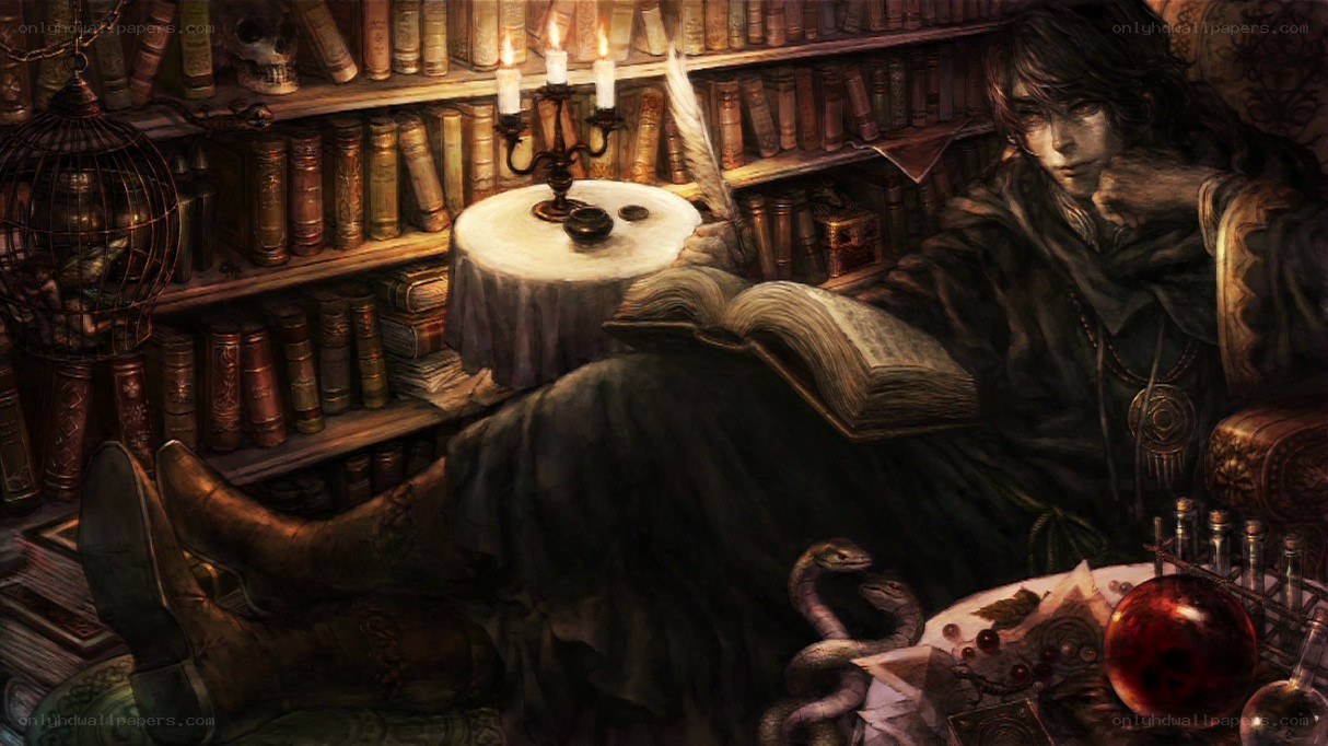 Wizard reading in a library