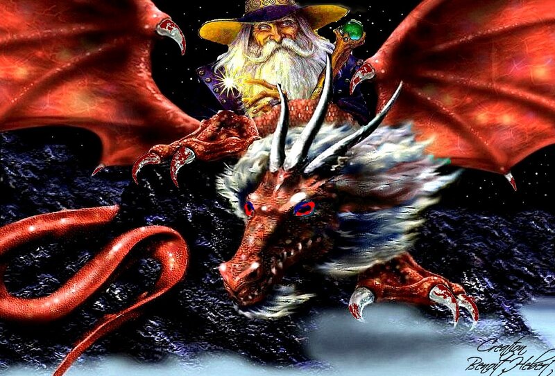 Wizard Riding a Dragon — Red, Dramatic, Night