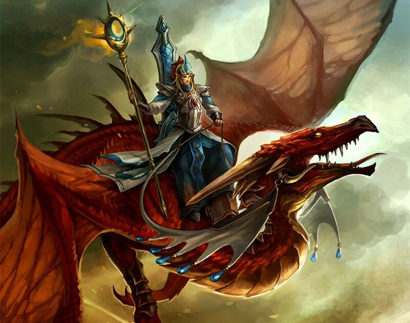 Wizard Riding a Dragon — Red, Dramatic