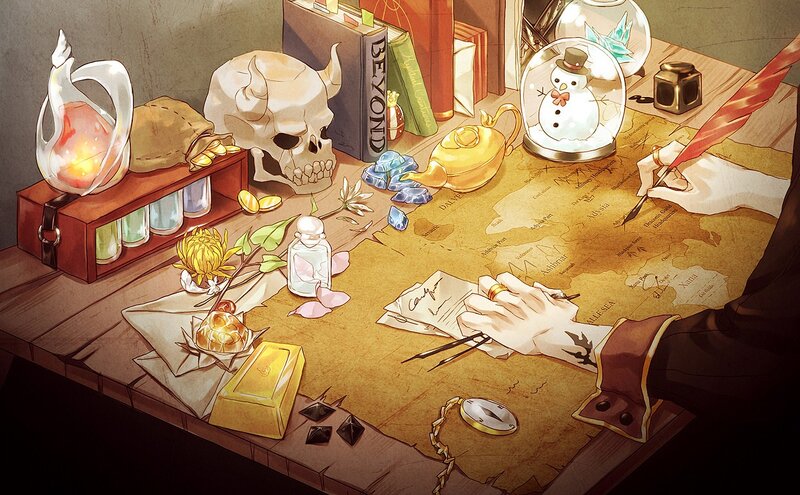 Wizard's desk with map and artifacts