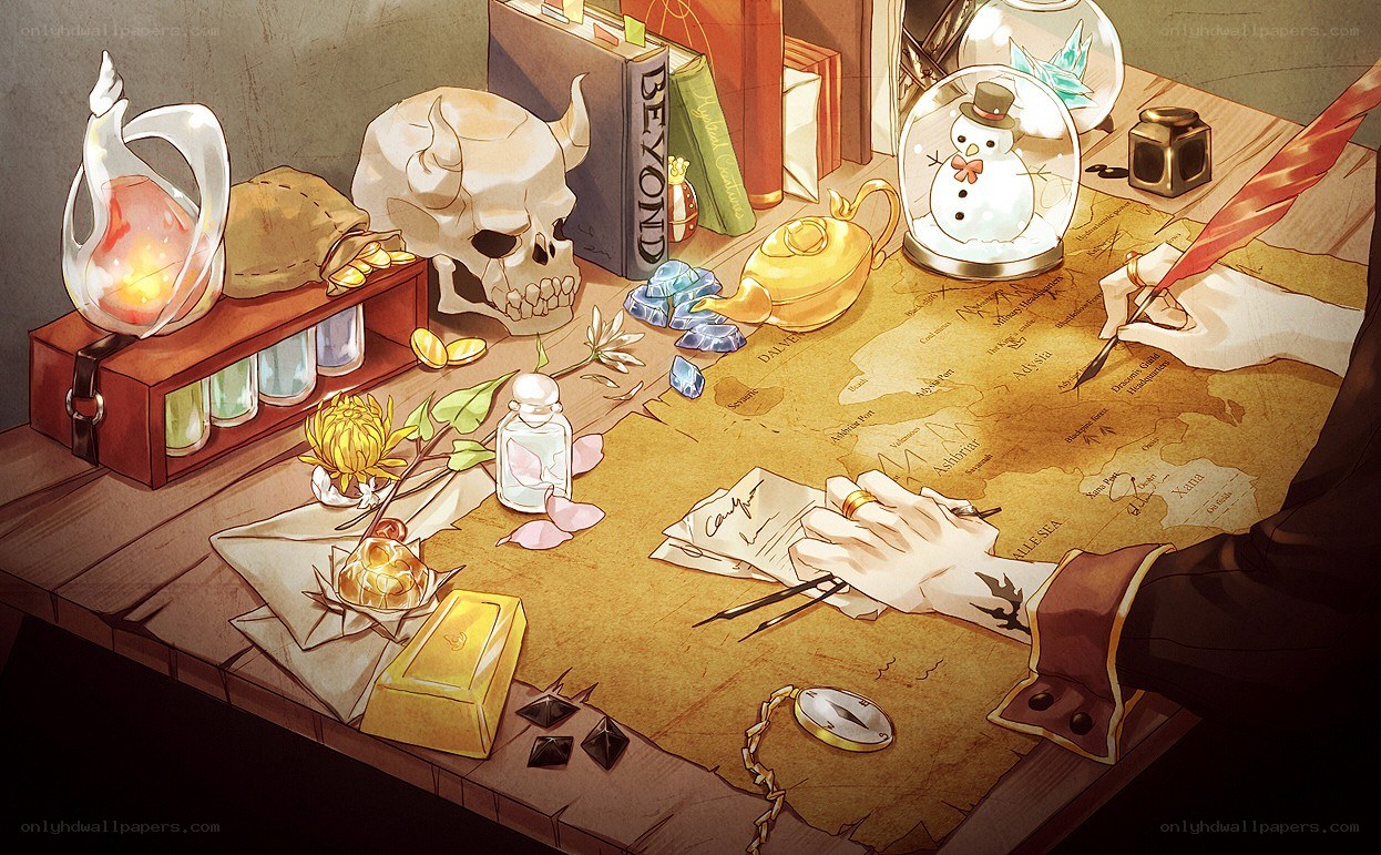 Wizard's desk with map and artifacts