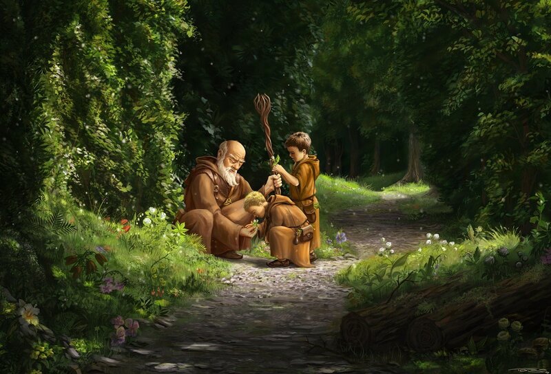 Wizard teaching a child in the forest