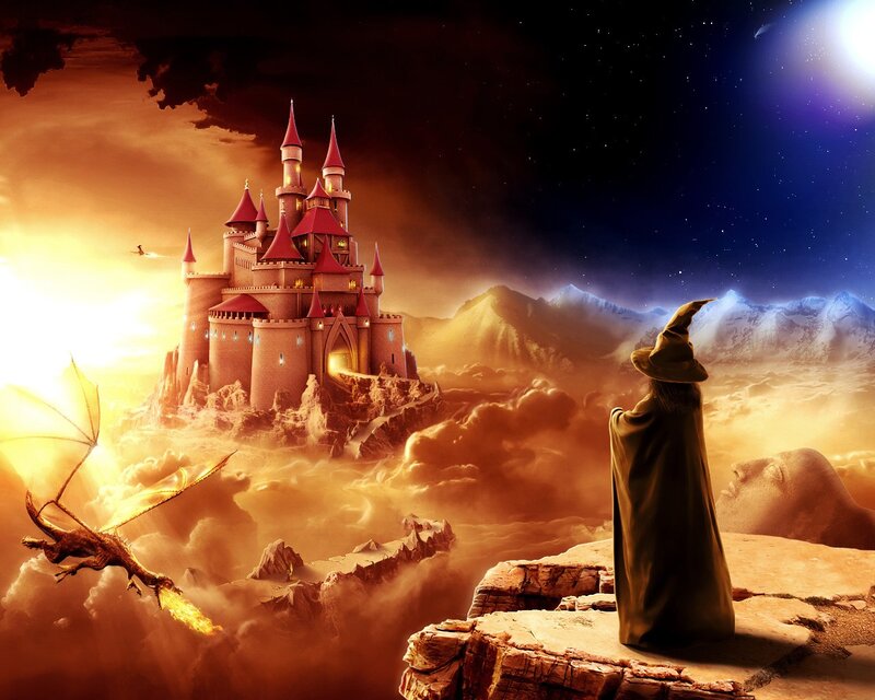 Wizard Watching Castle — Orange, Dramatic, Sunset