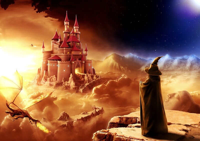 Wizard Watching Castle — Orange, Dramatic