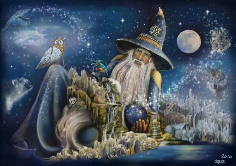 Wizard with Crystal Ball — Blue, Mystical