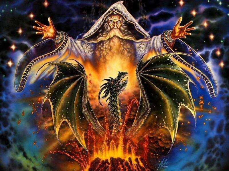 Wizard with Dragon — Blue, Dramatic