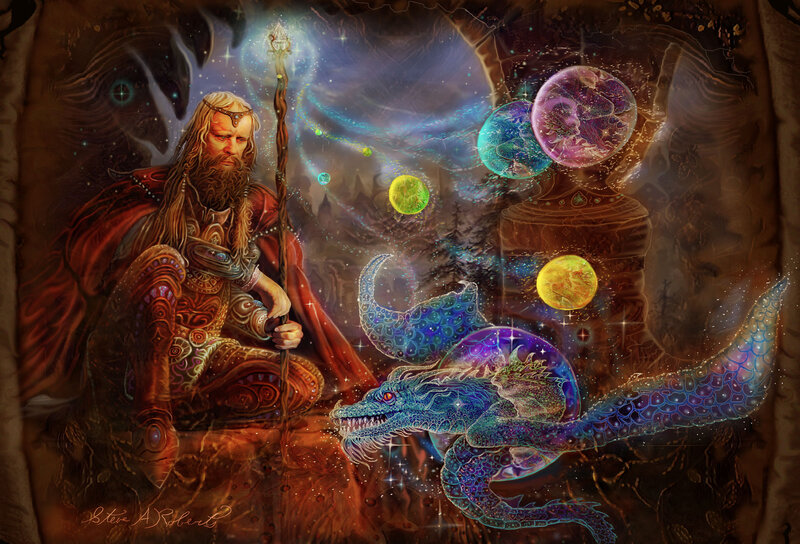 Wizard with Dragon — Blue