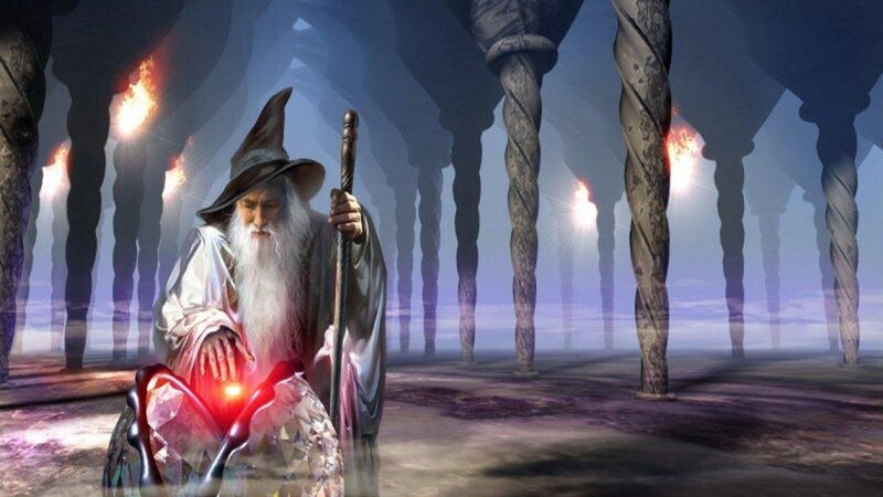 Wizard with Glowing Staff — Gray, Dramatic