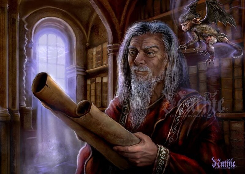 Wizard with scroll and familiar
