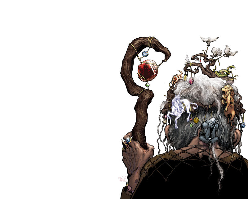 Wizard with staff and magical creatures