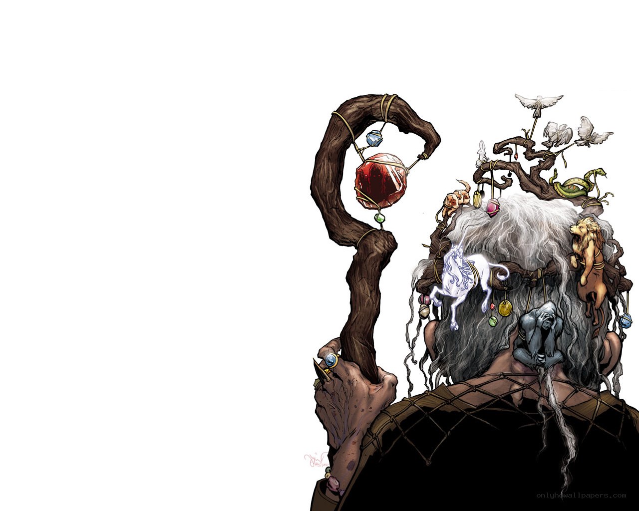 Wizard with staff and magical creatures