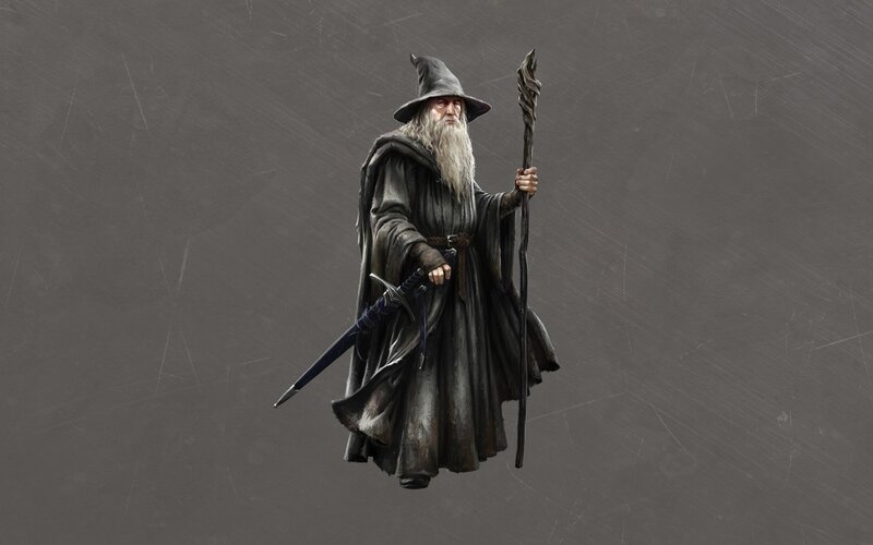 Wizard with Staff and Sword — Gray