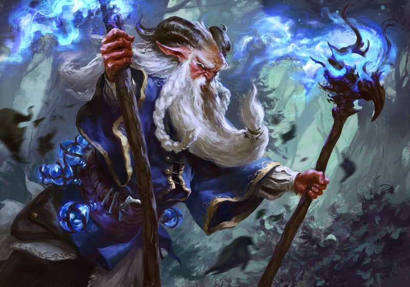 Wizard with Staff — Blue, Dramatic, Digital Art